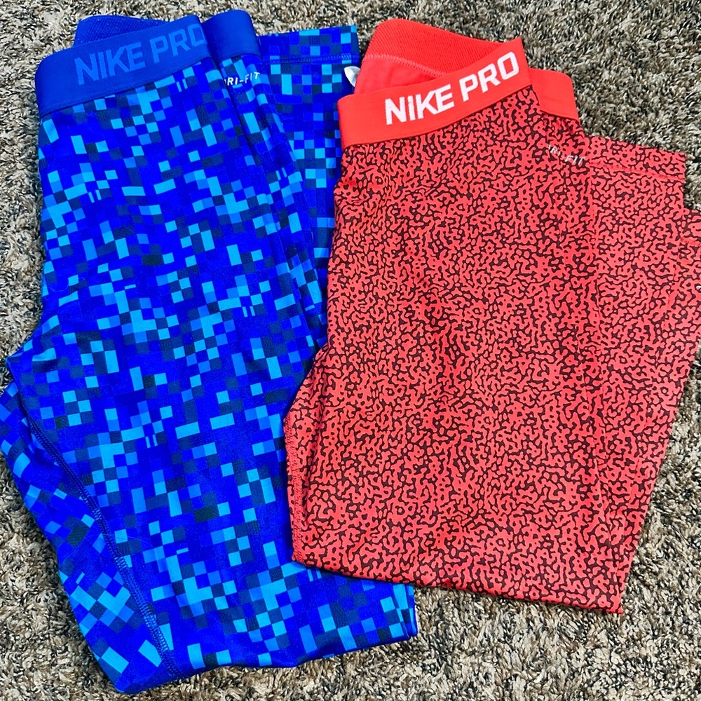 2 Nike Pro Dri-fit Pixel Blue and Patterned Red Leggings